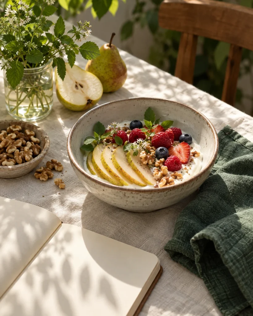 Pears and yogurt on a breakfast table