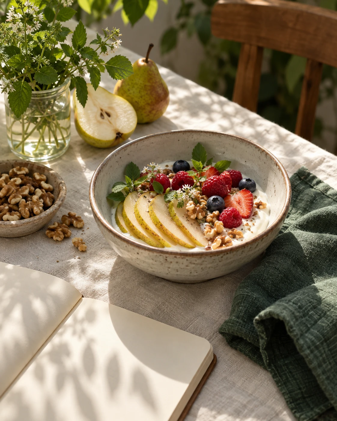 Pears and yogurt on a breakfast table