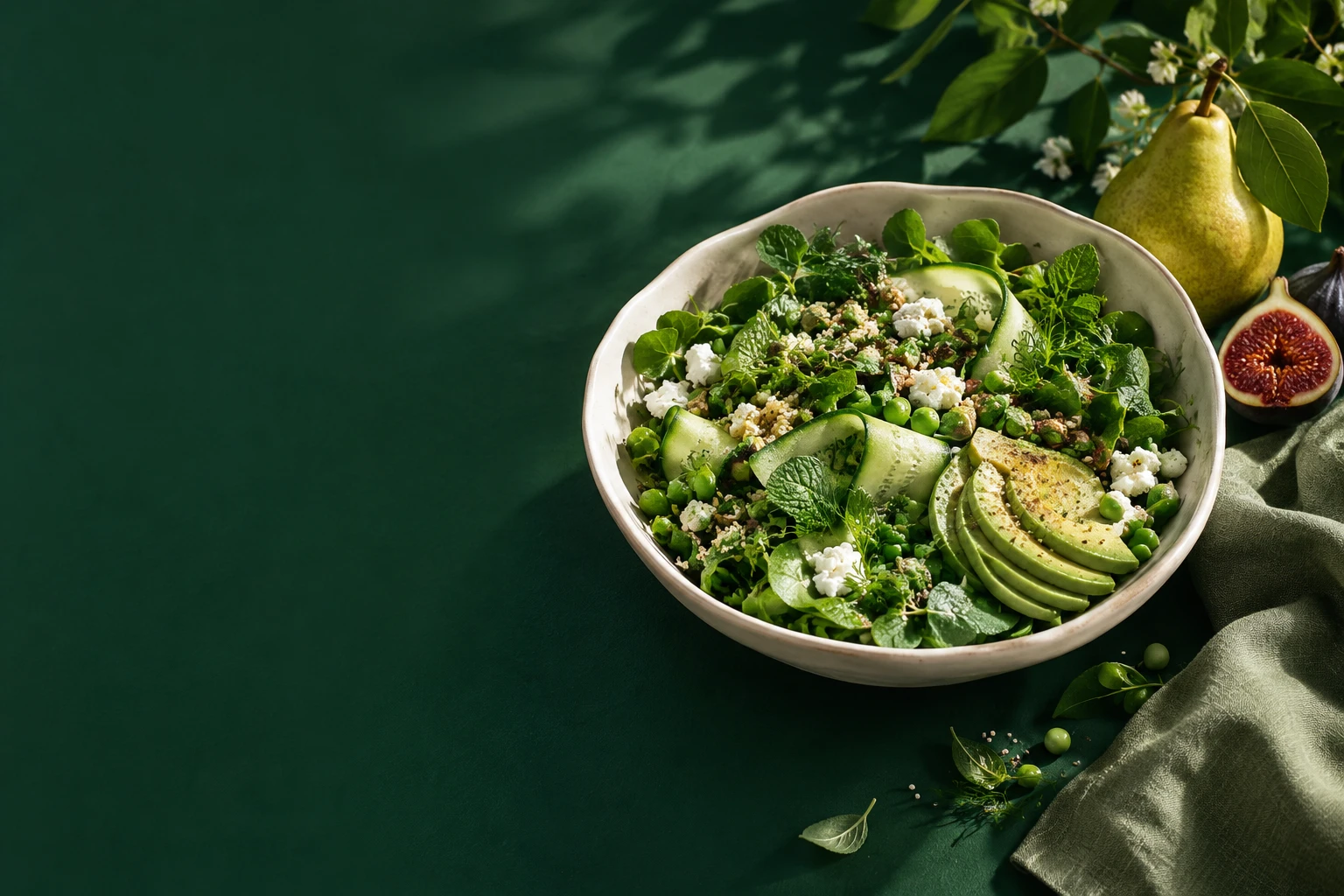 Green salad with herbs, avocado and figs