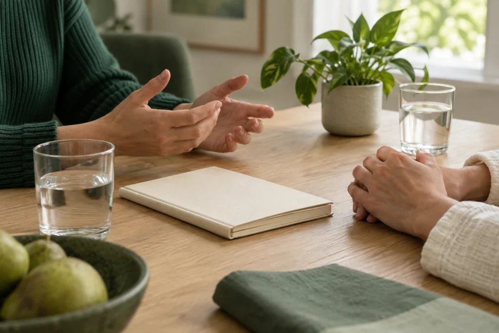 Hands and an open notebook during a consultation