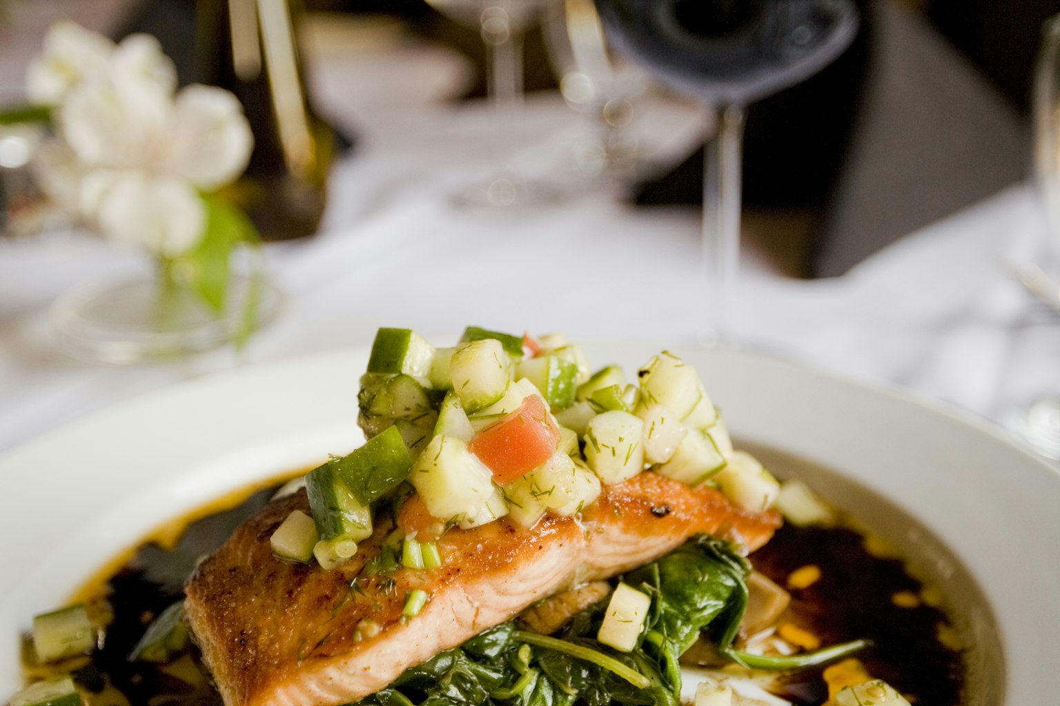 Grilled salmon on greens